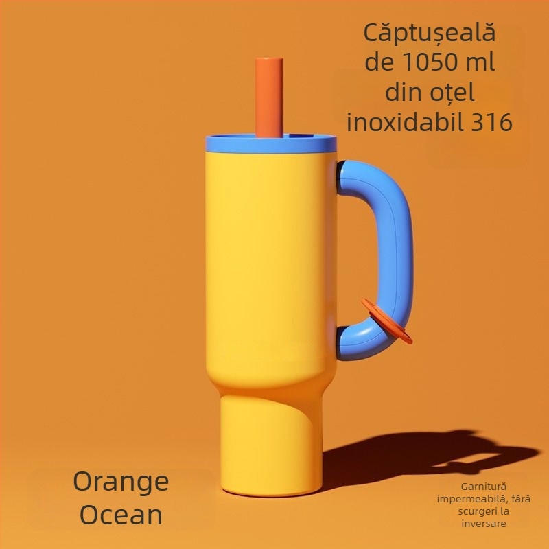 Cană termos din oțel inoxidabil 304, cu mâner și pai, portabilă pentru mașină și exterior
