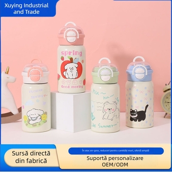 Termos din oțel inoxidabil 316, design animat drăguț, elegant pentru femei, cu pai și mâner