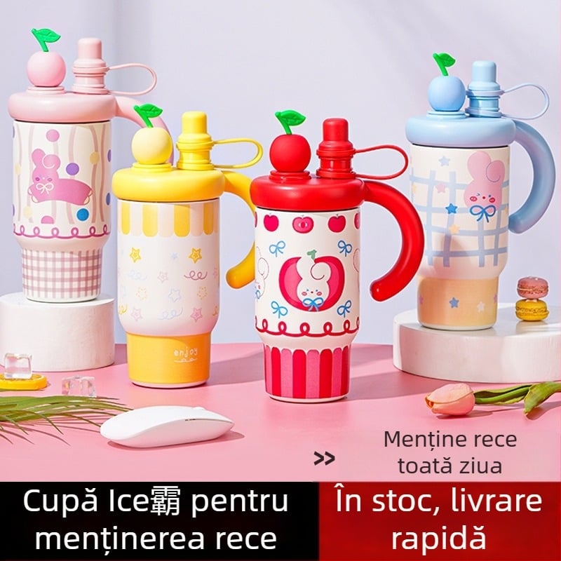 Ceașcă izolată pentru mașină pentru fete, stilată și drăguță, cu capacitate mare, din oțel inoxidabil 316, cu pai