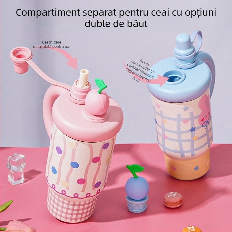 Ceașcă izolată pentru mașină pentru fete, stilată și drăguță, cu capacitate mare, din oțel inoxidabil 316, cu pai
