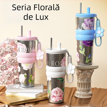 Cană din titan pur cu pai, ceașcă izolată de cafea, cană de apă elegantă pentru femei, pahar premium pentru mașină cu gheață
