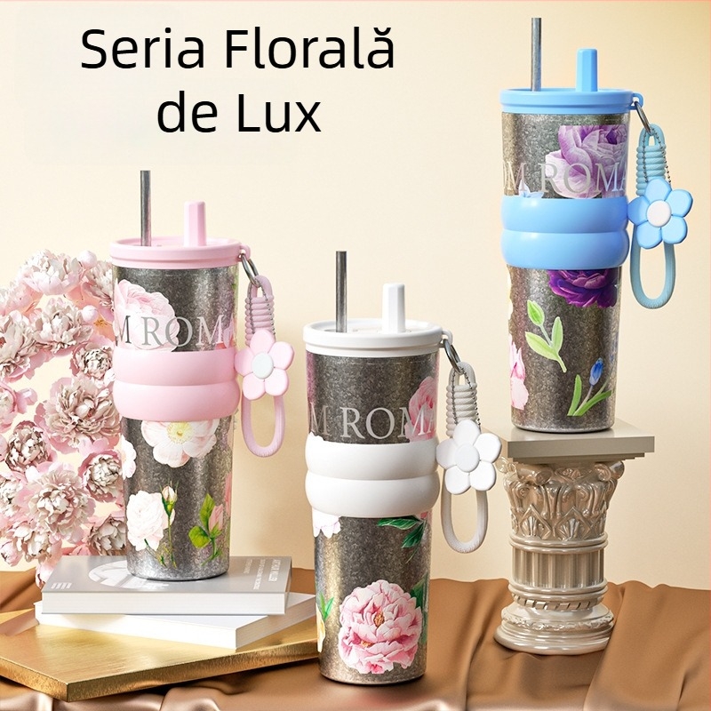Cană din titan pur cu pai, ceașcă izolată de cafea, cană de apă elegantă pentru femei, pahar premium pentru mașină cu gheață