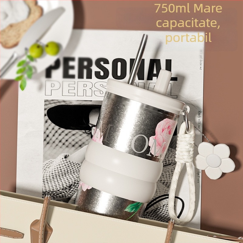 Cană din titan pur cu pai, ceașcă izolată de cafea, cană de apă elegantă pentru femei, pahar premium pentru mașină cu gheață
