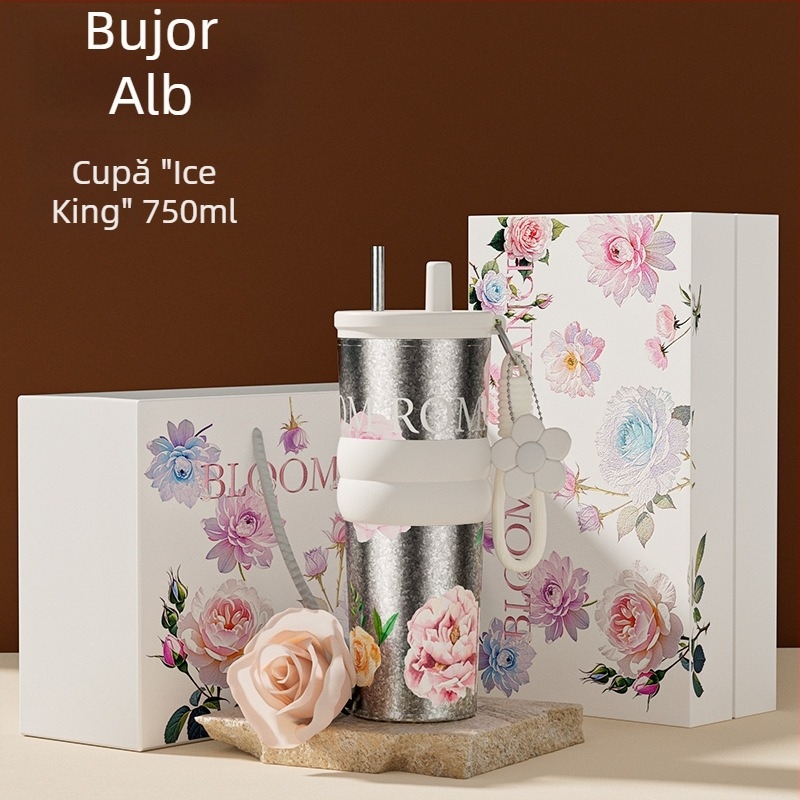 Cană din titan pur cu pai, ceașcă izolată de cafea, cană de apă elegantă pentru femei, pahar premium pentru mașină cu gheață