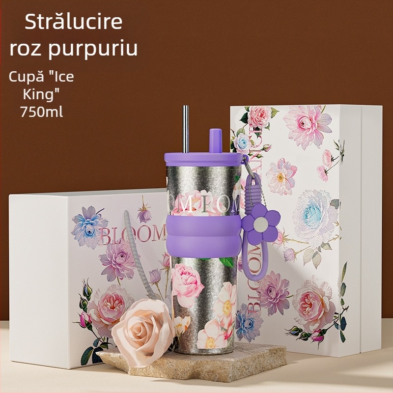 Cană din titan pur cu pai, ceașcă izolată de cafea, cană de apă elegantă pentru femei, pahar premium pentru mașină cu gheață