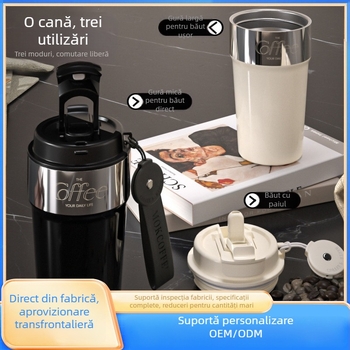 Cană de cafea cu pereți dubli din oțel inoxidabil 316, termos cu pai, portabil pentru exterior, cu șnur de purtare, izolație 6–12 ore