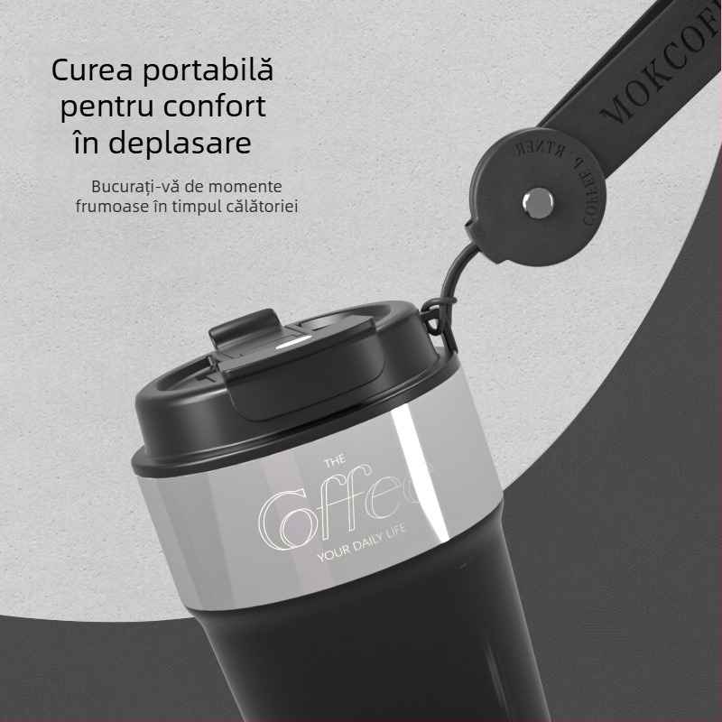 Cană de cafea cu pereți dubli din oțel inoxidabil 316, termos cu pai, portabil pentru exterior, cu șnur de purtare, izolație 6–12 ore
