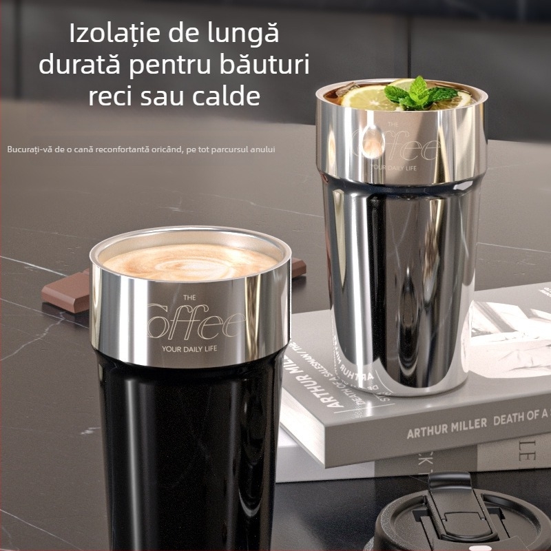 Cană de cafea cu pereți dubli din oțel inoxidabil 316, termos cu pai, portabil pentru exterior, cu șnur de purtare, izolație 6–12 ore