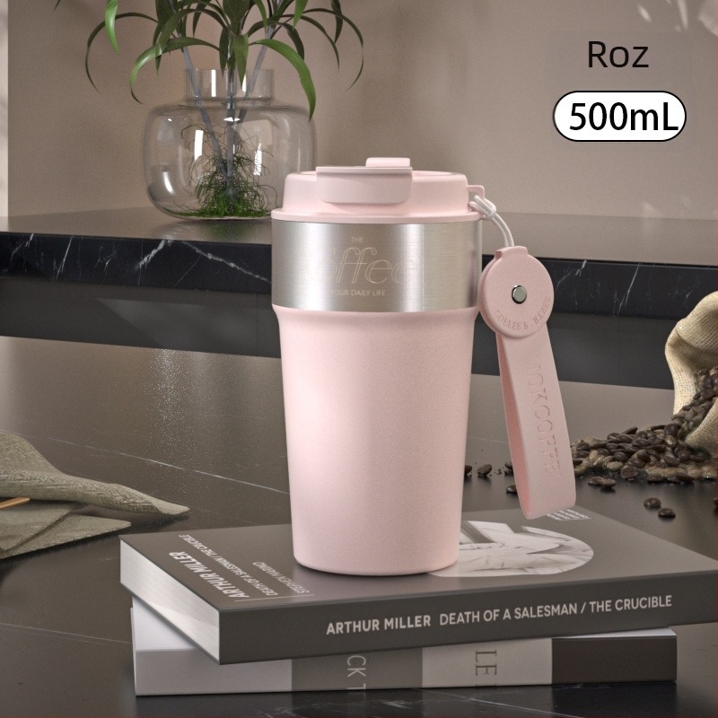 Cană de cafea cu pereți dubli din oțel inoxidabil 316, termos cu pai, portabil pentru exterior, cu șnur de purtare, izolație 6–12 ore