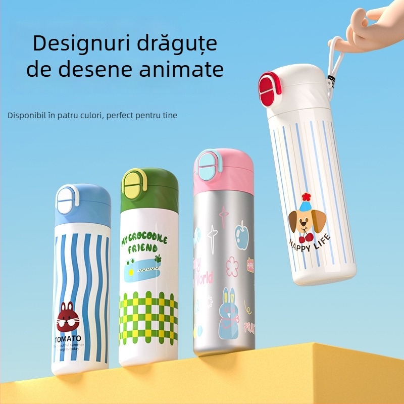 Cana termică pentru copii din oțel inoxidabil 316, capacitate mare, cu pai, design desen animat