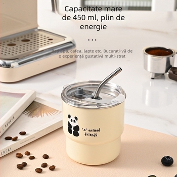 Cană din oțel inoxidabil cu pai, design cartoon, imprimare siglă, pentru sucuri și cafea