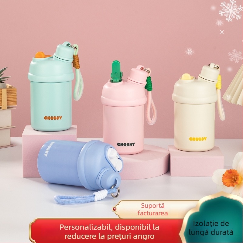 Termos din oțel inoxidabil pentru elevi, cu pai, pentru băut direct, utilizare duală, portabil