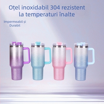 Cană termică pentru mașină cu mâner în model diamant, din oțel inoxidabil 304 la interior, 201 la exterior, cu pai