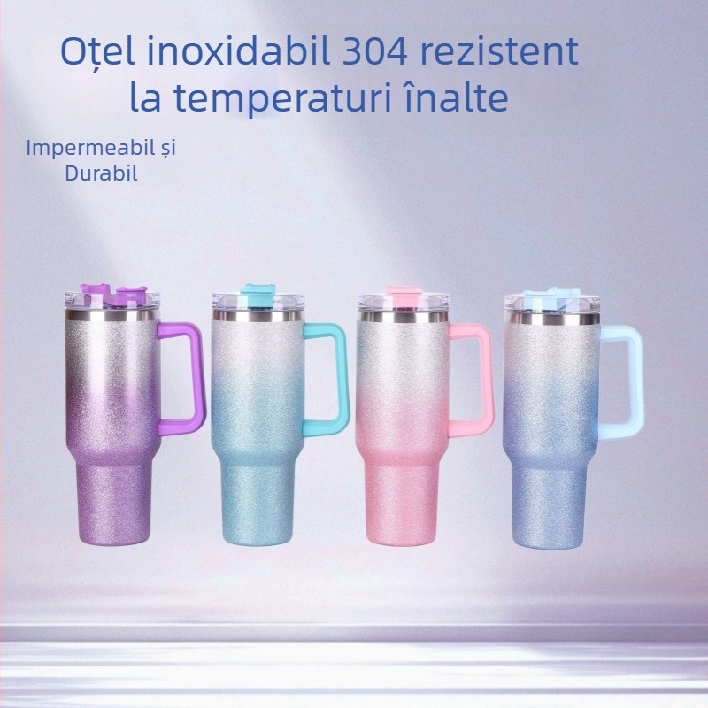 Cană termică pentru mașină cu mâner în model diamant, din oțel inoxidabil 304 la interior, 201 la exterior, cu pai