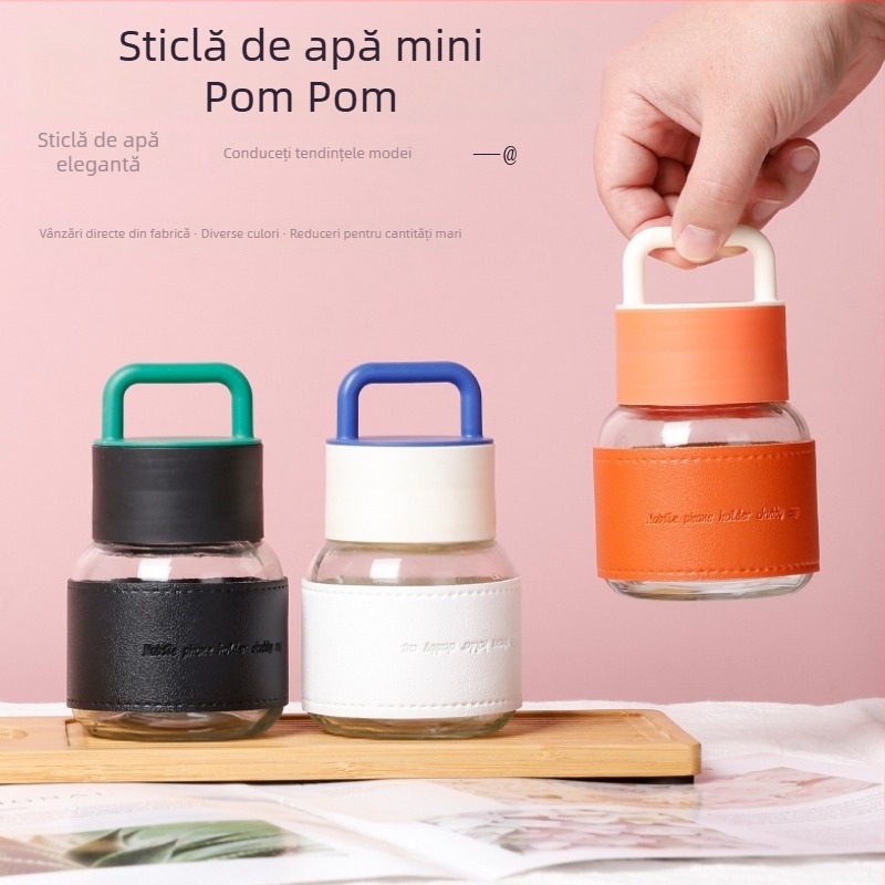 Cană de apă din sticlă cu mâner, pentru studenți – portabilă, protecție la arsură, mini, design atrăgător, cadou