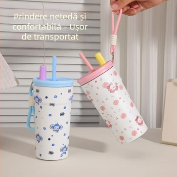 Cană cu pai, design caricatură, din oțel inoxidabil 316, termos izolat cu curea, cană portabilă pentru cafea de călătorie