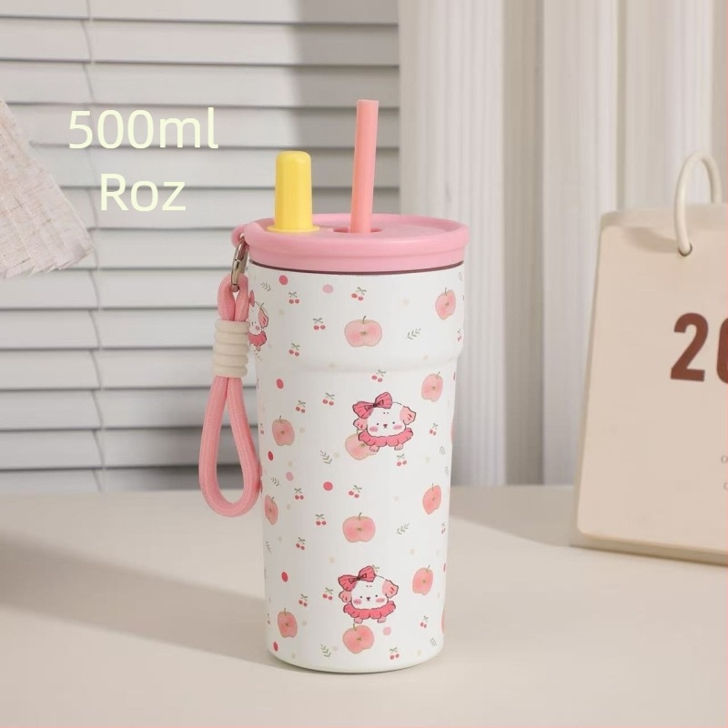 Cană cu pai, design caricatură, din oțel inoxidabil 316, termos izolat cu curea, cană portabilă pentru cafea de călătorie