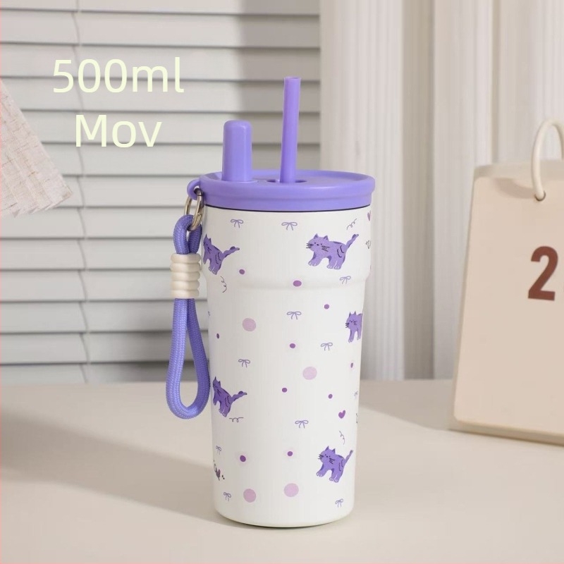 Cană cu pai, design caricatură, din oțel inoxidabil 316, termos izolat cu curea, cană portabilă pentru cafea de călătorie