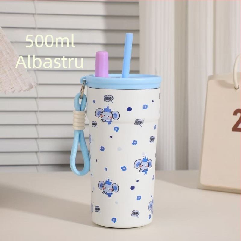 Cană cu pai, design caricatură, din oțel inoxidabil 316, termos izolat cu curea, cană portabilă pentru cafea de călătorie