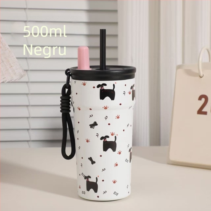 Cană cu pai, design caricatură, din oțel inoxidabil 316, termos izolat cu curea, cană portabilă pentru cafea de călătorie