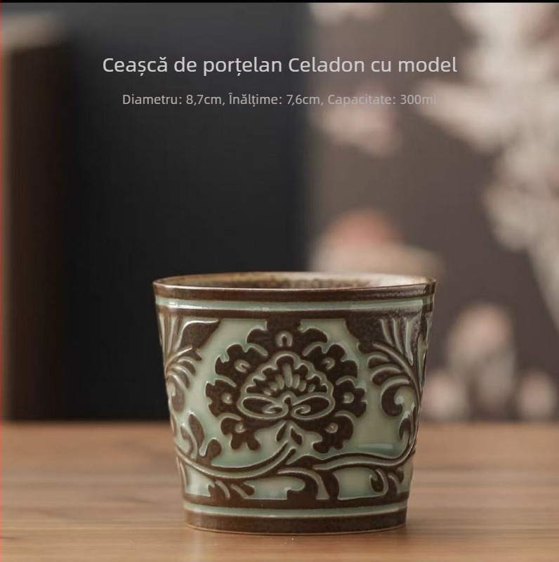Ceașcă Master Longquan Celadon cu motiv floral, ceașcă ceramică pentru cafea, ceașcă mare pentru degustarea ceaiului, stil vintage.