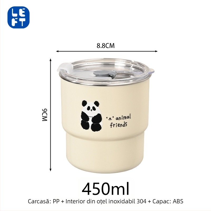 Ceașcă Panda pentru cafea cu capac, din oțel inoxidabil 304, cu pai, portabilă pentru mașină, pentru cupluri