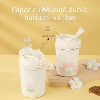 Cana de cafea în stil Instagram, cu lanț de perle cu flori, din oțel inoxidabil izolat, cu capac și pai