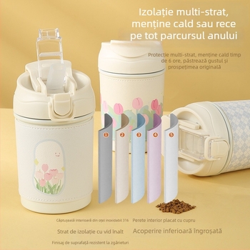 Cana de cafea în stil Instagram, cu lanț de perle cu flori, din oțel inoxidabil izolat, cu capac și pai