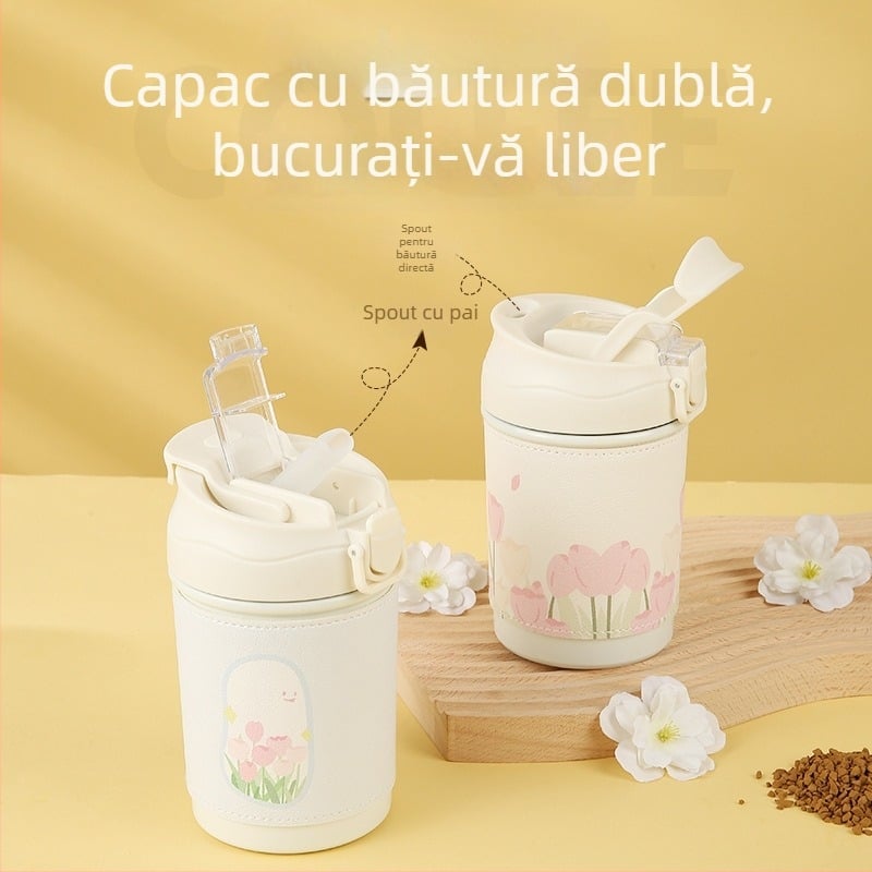Cana de cafea în stil Instagram, cu lanț de perle cu flori, din oțel inoxidabil izolat, cu capac și pai