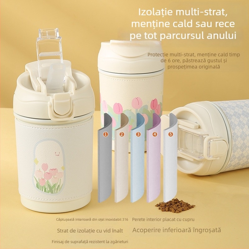 Cana de cafea în stil Instagram, cu lanț de perle cu flori, din oțel inoxidabil izolat, cu capac și pai