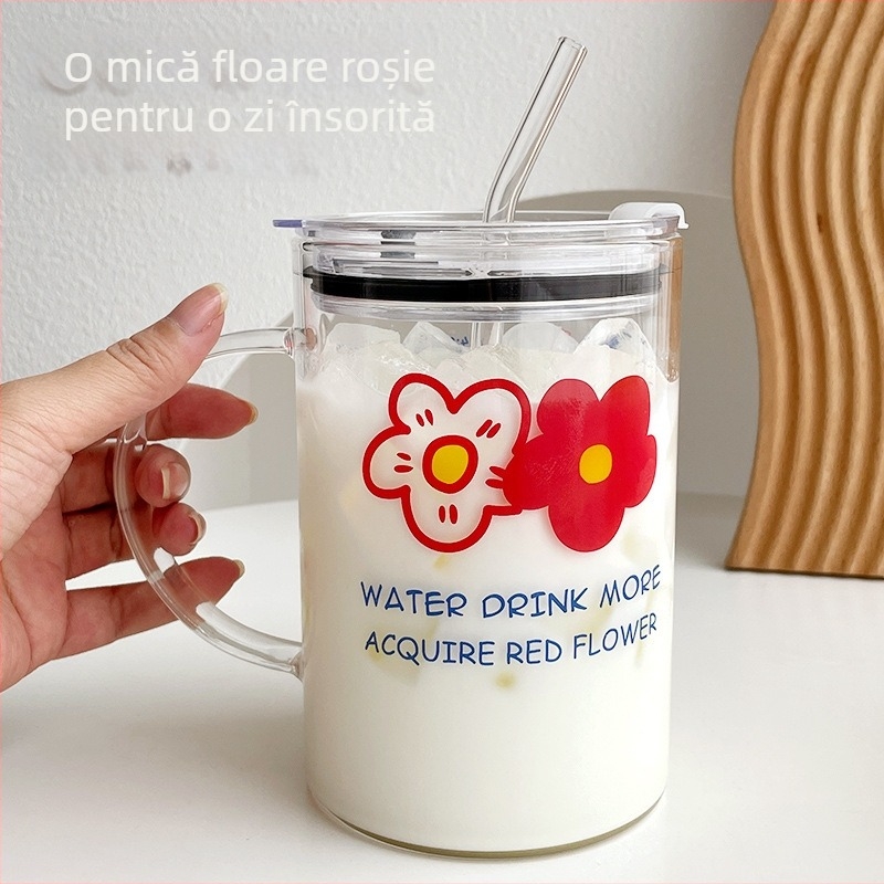 Pahar din sticlă borosilicată, capacitate mare, rezistent la temperaturi, cu scară graduată, mâner și pai, potrivit pentru lapte și suc