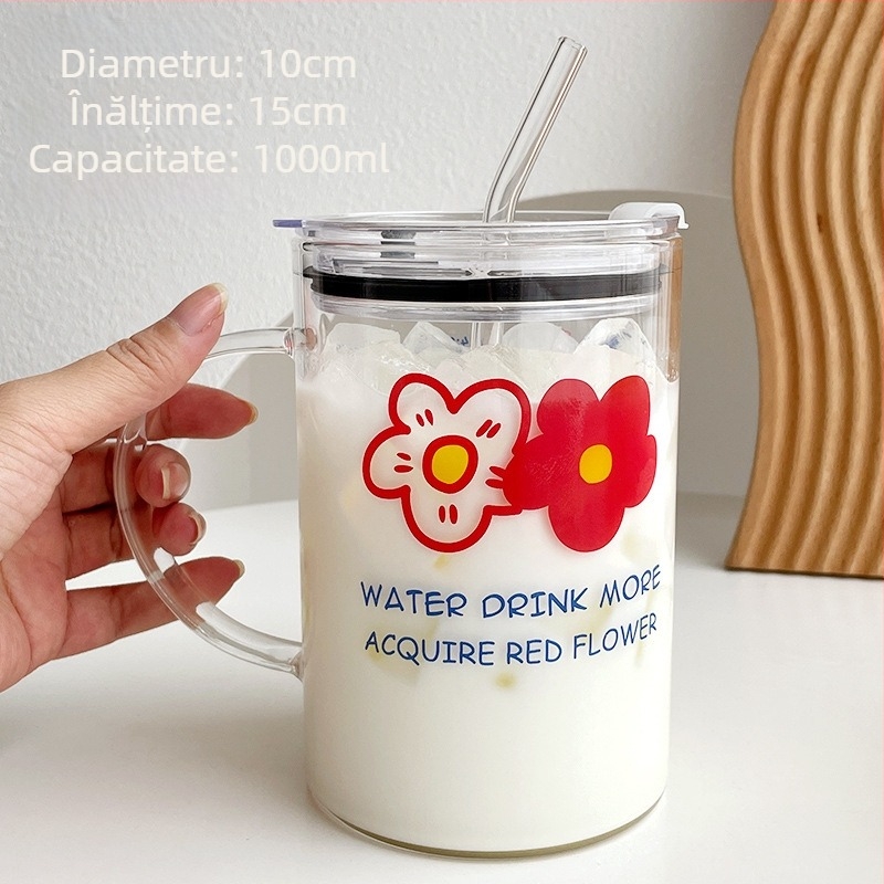 Pahar din sticlă borosilicată, capacitate mare, rezistent la temperaturi, cu scară graduată, mâner și pai, potrivit pentru lapte și suc