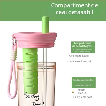 Cană din policarbonat, capacitate mare, design desen animat, cană portabilă din plastic cu pai, separare pentru ceai, personalizabil