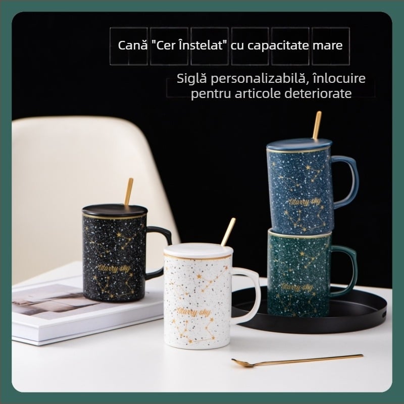 Ceașcă ceramică cu model stelat, capac și linguriță – pentru cupluri, lapte și cafea, cadou
