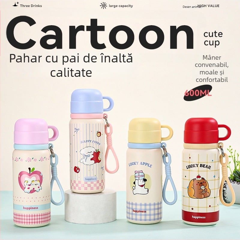 Căniță izolată pentru copii, cu interior din oțel inoxidabil 316, pai și compartiment pentru ceai — portabilă pentru școală