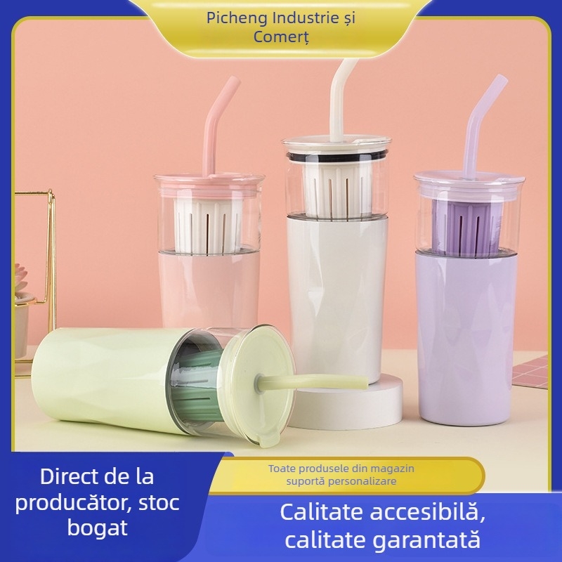 Cană termică din oțel inoxidabil Youka, pereți dubli, capacitate mare, pentru birou, cu pai