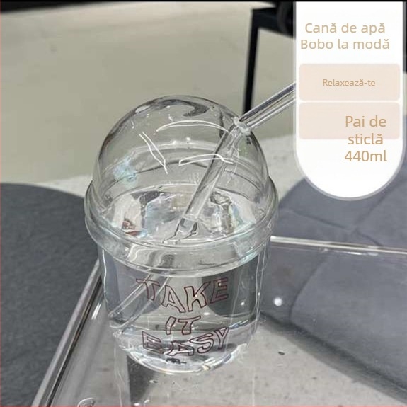 Pahar din sticlă borosilicată transparentă, cu pai – design desen animat, strat unic, rotund, potrivit pentru suc sau lapte