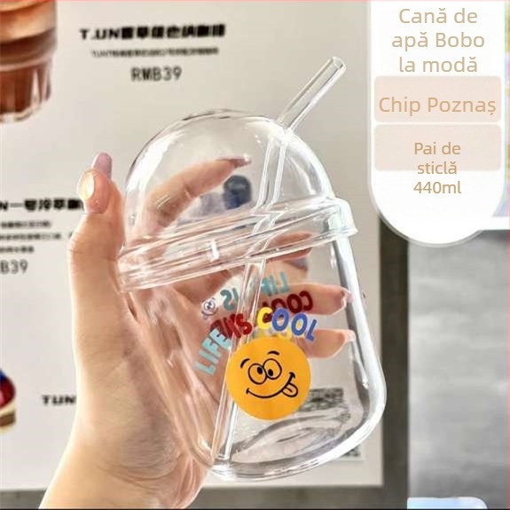 Pahar din sticlă borosilicată transparentă, cu pai – design desen animat, strat unic, rotund, potrivit pentru suc sau lapte