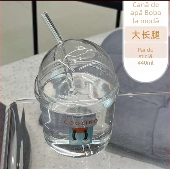 Pahar din sticlă borosilicată transparentă, cu pai – design desen animat, strat unic, rotund, potrivit pentru suc sau lapte