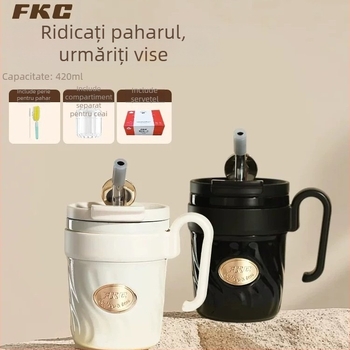 FKC cană de cafea cu izolație în vid, cu pai și mâner – termos portabil pentru femei