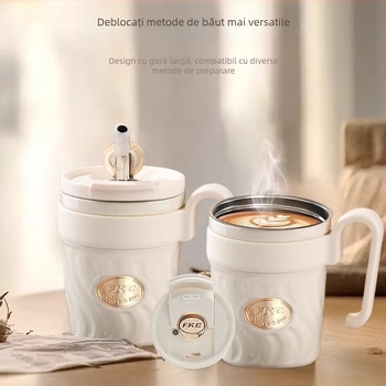 FKC cană de cafea cu izolație în vid, cu pai și mâner – termos portabil pentru femei