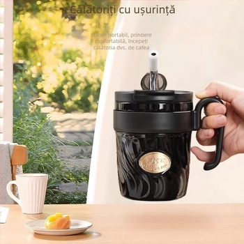 FKC cană de cafea cu izolație în vid, cu pai și mâner – termos portabil pentru femei