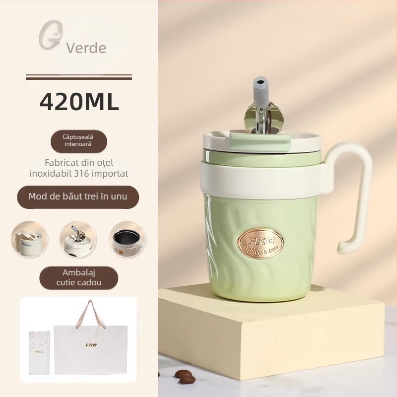 FKC cană de cafea cu izolație în vid, cu pai și mâner – termos portabil pentru femei