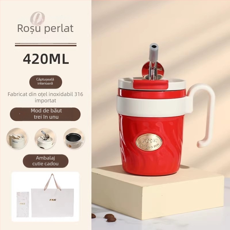 FKC cană de cafea cu izolație în vid, cu pai și mâner – termos portabil pentru femei