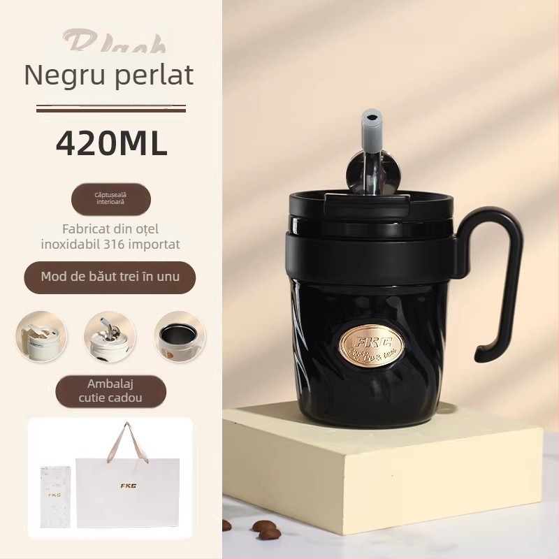 FKC cană de cafea cu izolație în vid, cu pai și mâner – termos portabil pentru femei