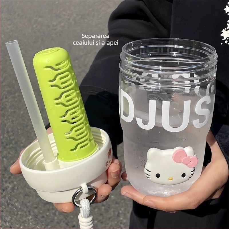 Pahar portabil pentru fete, din plastic, pentru școală, cu pai, curea de purtare, infuzor de ceai, stil Instagram