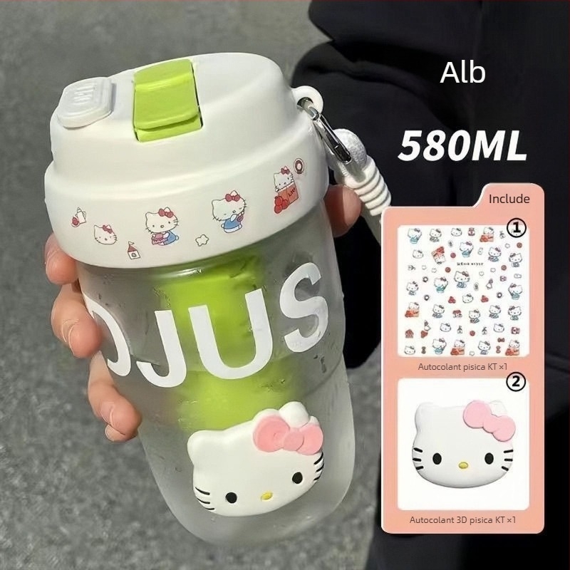 Pahar portabil pentru fete, din plastic, pentru școală, cu pai, curea de purtare, infuzor de ceai, stil Instagram