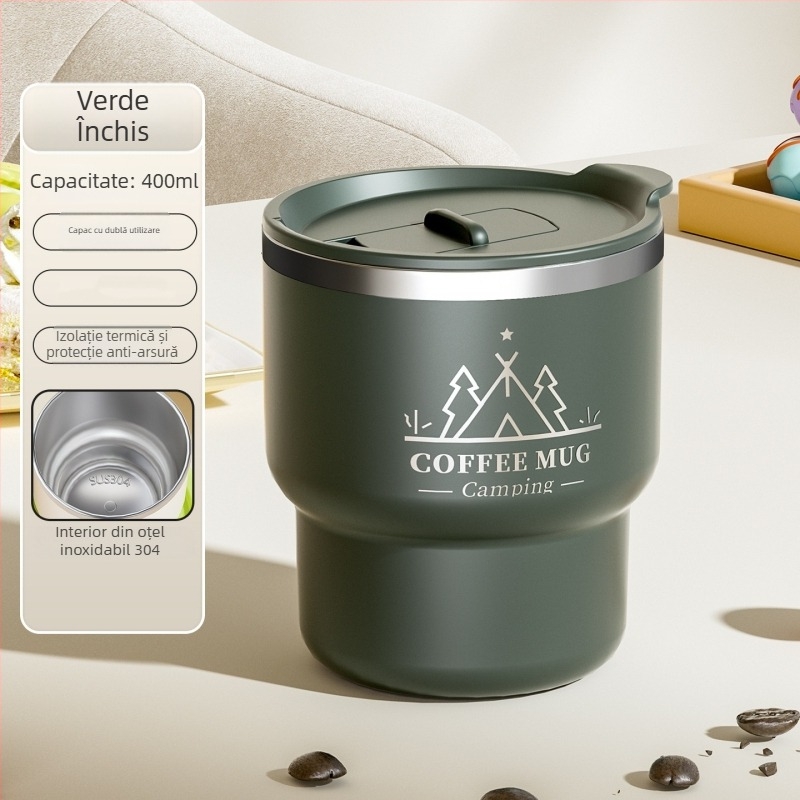 Ceașcă de cafea din oțel inoxidabil 304, cu capac, pentru camping în aer liber, cană portabilă pentru birou