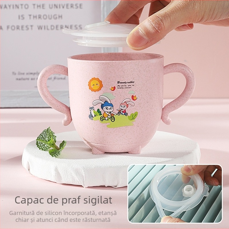 Cana de apă pentru copii, cu capac și pai, din paie de grâu, cu mânere duble, etanșă, pentru grădiniță