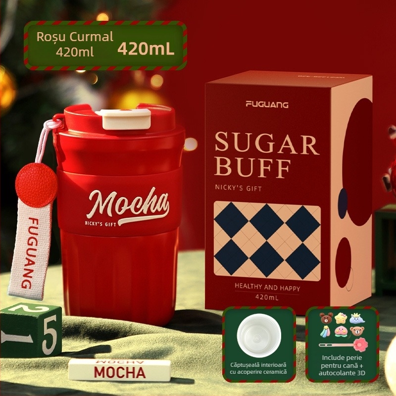 Cană de cafea cu strat ceramic, termos izolat, cană de călătorie portabilă cu șnur de purtare, cadou corporativ personalizat